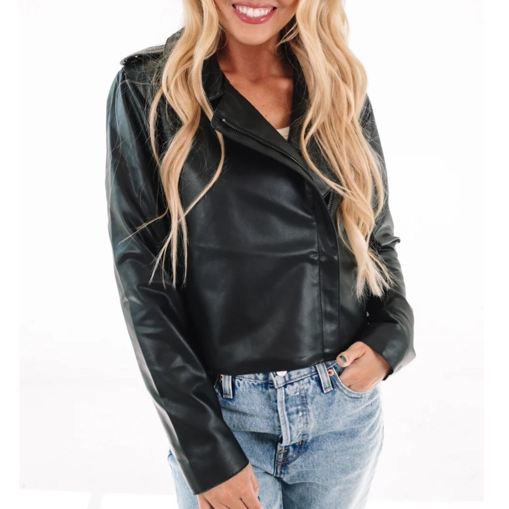 FORE Cool Girl Era Faux Leather Moto Jacket Size Large Black New With Tag‎